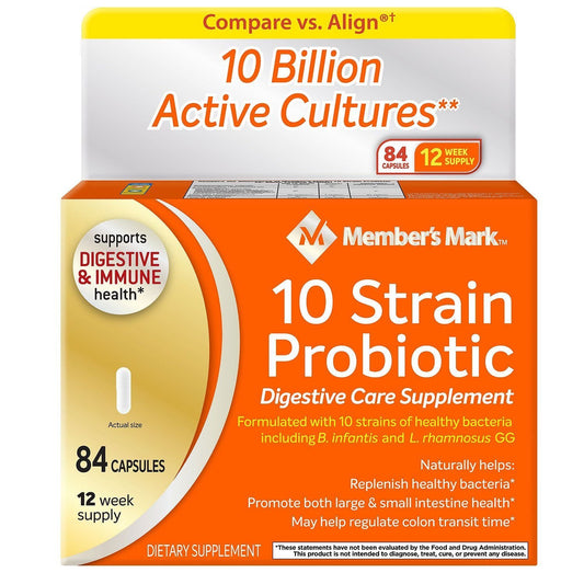 Box and two 42-count bottles of Member's Mark 5X Probiotic Digestive Care Supplement