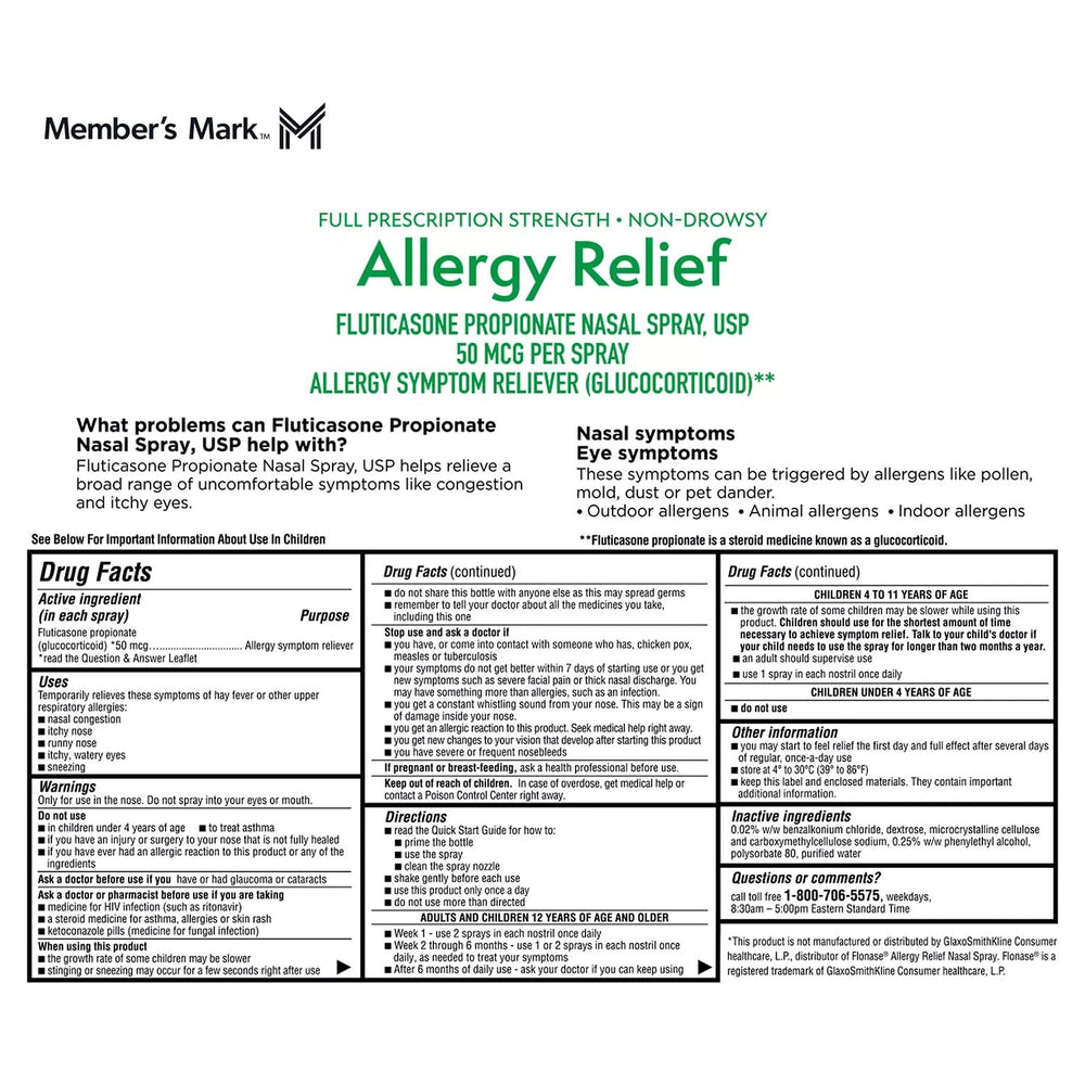 Members Mark Fluticasone nasal spray nozzle and mist in action for consistent dosing.