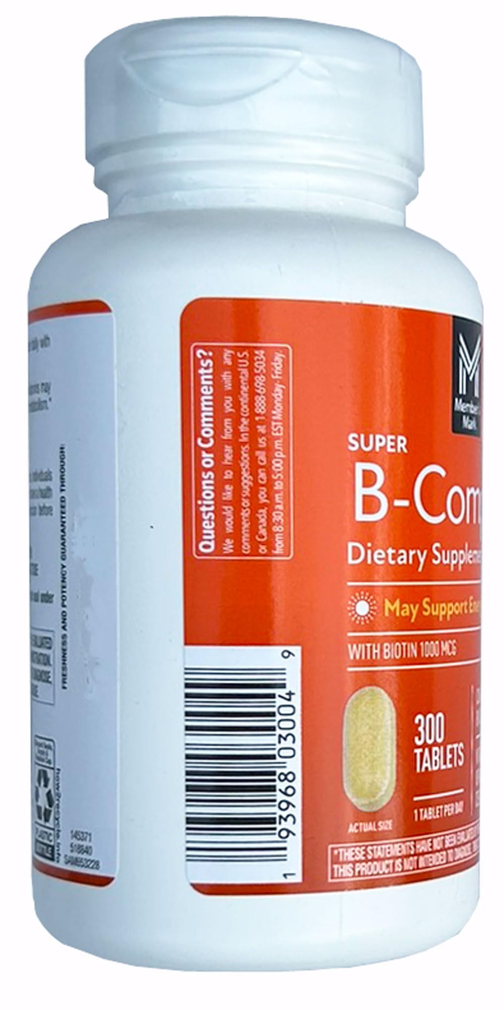 Bottle and supplements layout for Members Mark Super B-Complex dietary supplement