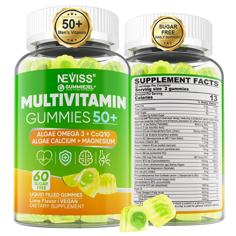 Front label: Men 50+ sugar-free multivitamin gummies with Omega-3 and CoQ10