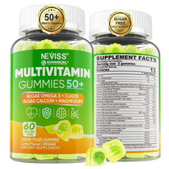 Front label: Men 50+ sugar-free multivitamin gummies with Omega-3 and CoQ10
