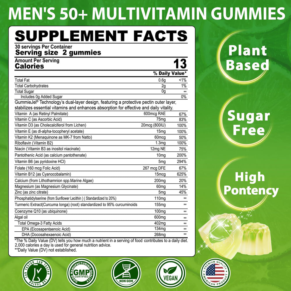 Nutrition facts and ingredients panel for the 50+ men's gummy multivitamin