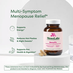 Close-up of MENOLABS MenoFit label highlighting red clover and probiotics.