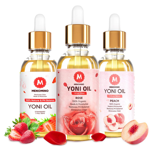 MENOMINO 3-pack yoni oil bottles for convenient moisture and pH balance on the go.