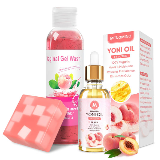 MENOMINO feminine wash peach bar close-up promotes balanced pH and refreshing cleanse.