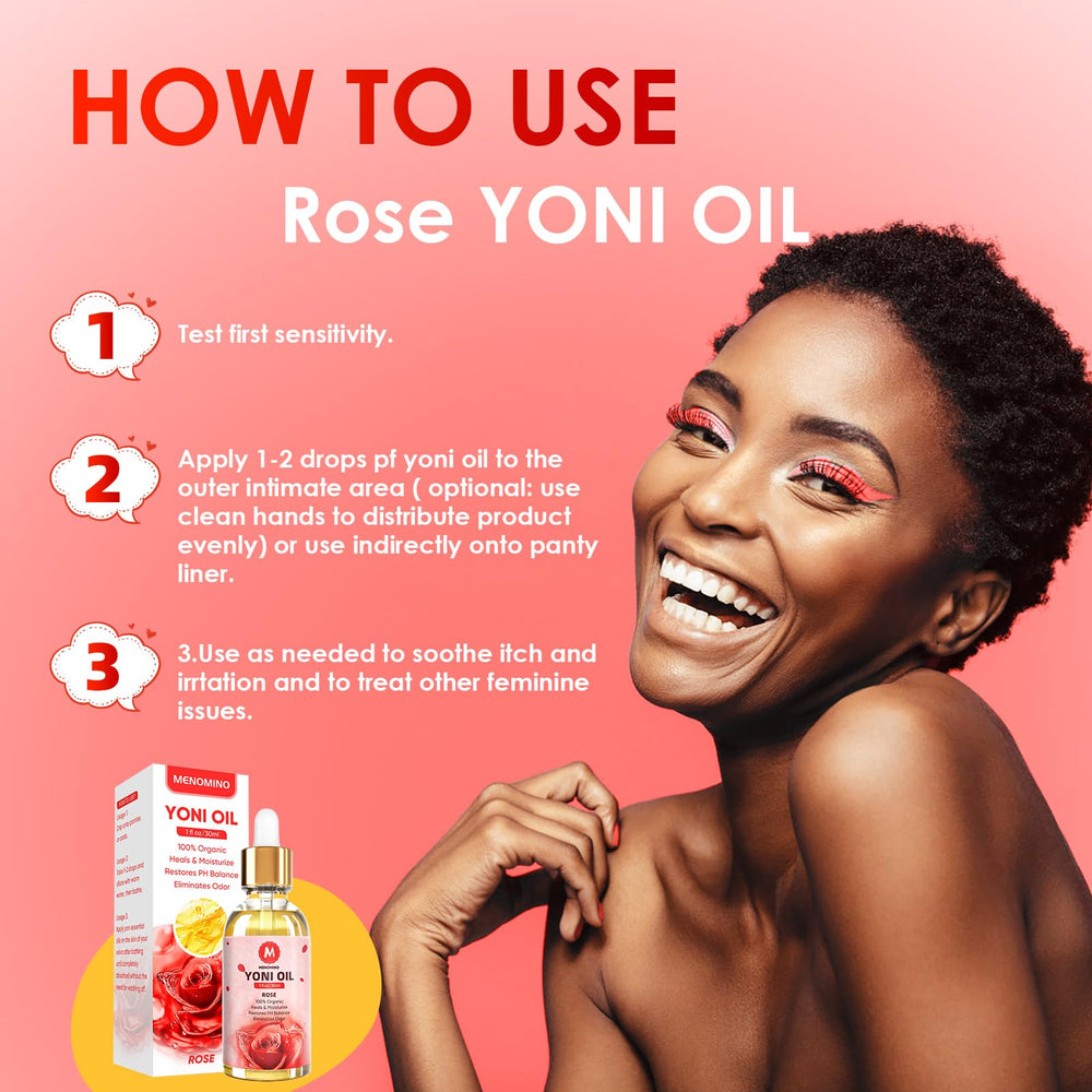 MENOMINO rose yoni oil packaging shows 2-pack and clean labeling