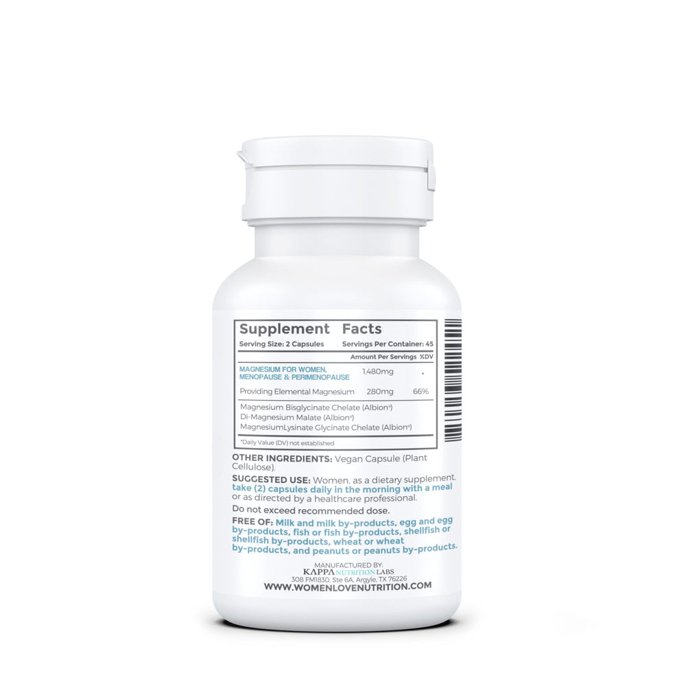 Magnesium supplement bottle labeled for menopause and perimenopause support