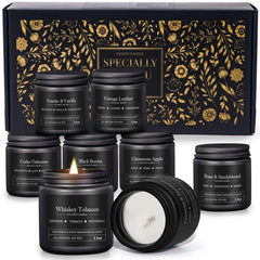 Eight-pack mens scented candles gift set in black glass jars.