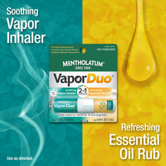 Mentholatum Vaporduo inhaler-side close-up highlighting soothing vapor for breathing ease.