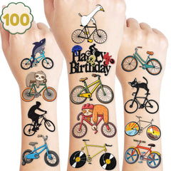 MeoIsDaBest bike tattoo sheet showcasing vibrant bicycle designs for kids' party fun.