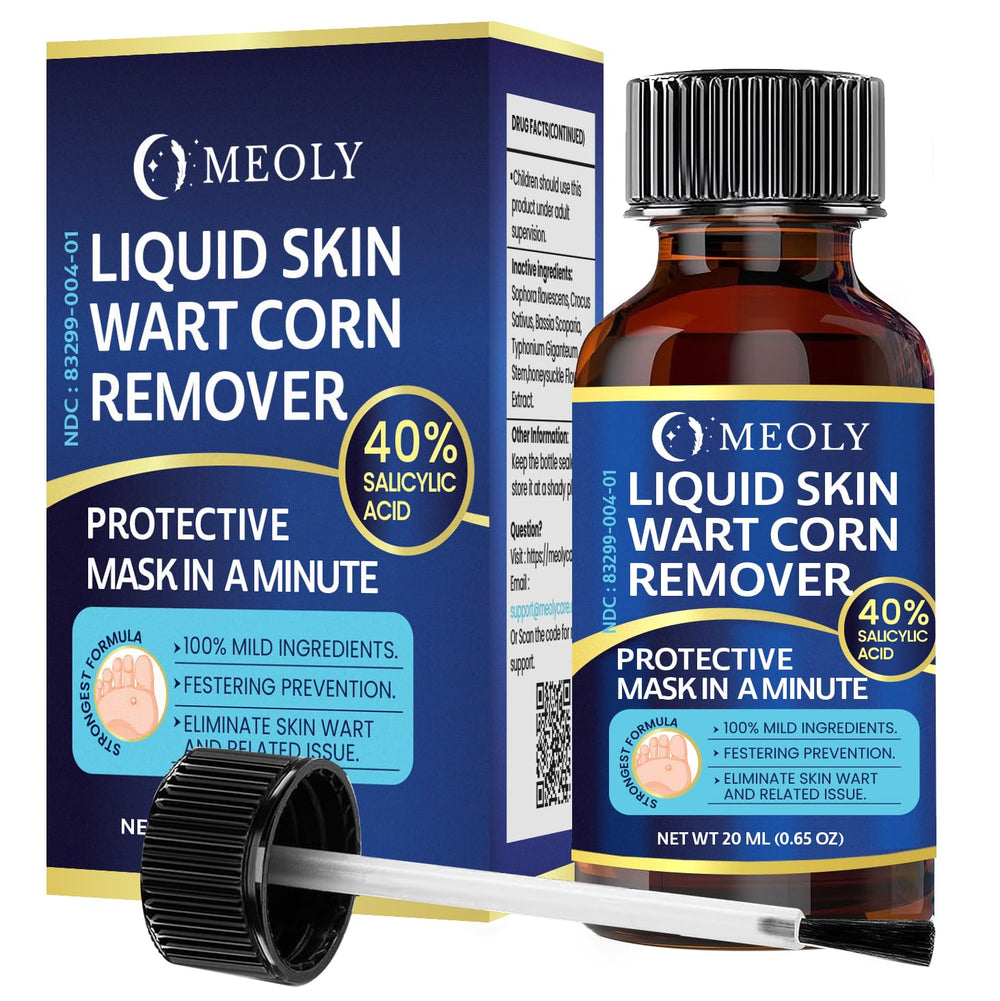 MEOLY wart remover bottle clearly labeled for at-home plantar wart care.