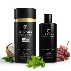Merakk Coconut Oil Pulling Mouthwash bottle front view, 6.8oz