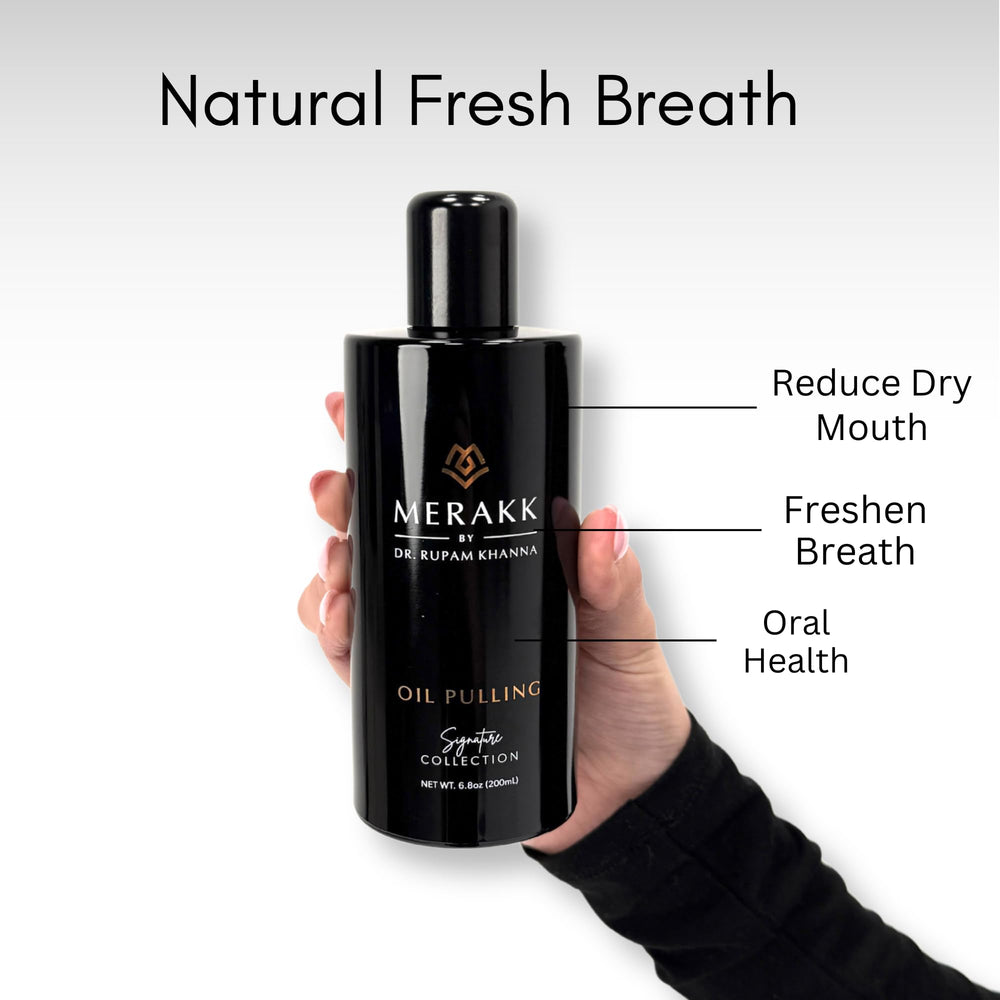 Close-up of oils used in Merakk coconut oil pulling mouthwash