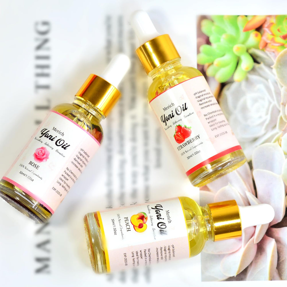 Packaging features and product information on MERICH Yoni Oil
