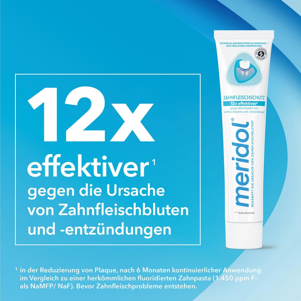 Meridol packaging with blue and white design