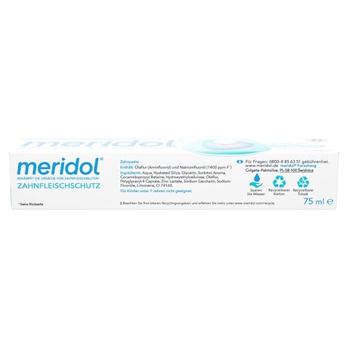Meridol logo visible on toothpaste packaging