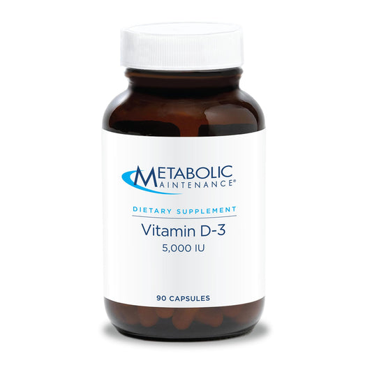 Front view of Metabolic Maintenance Vitamin D3 5000 IU softgel bottle