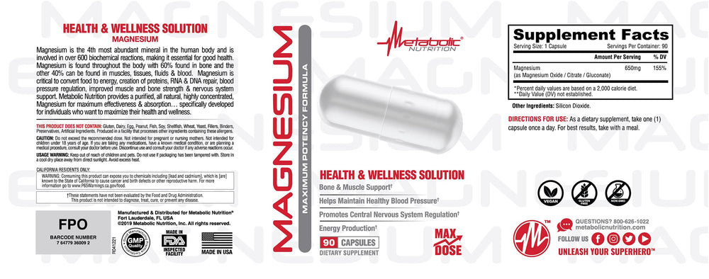 Supplement facts panel for Metabolic Nutrition Magnesium 650mg