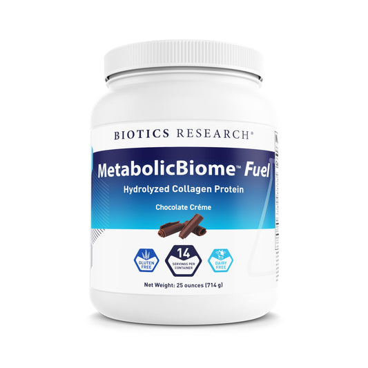 MetabolicBiome Fuel Chocolate protein powder tub