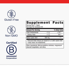 Supplement facts label for Metagenics Alpha-Lipoic Acid 300 mg