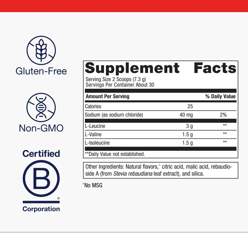 Back of Metagenics BCAAs Powder Orange Mango bottle showing nutrition panel
