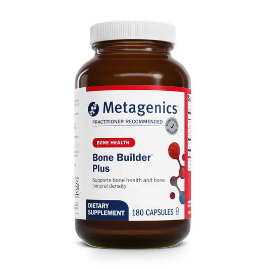 Metagenics Bone Builder Plus bottle and label featuring 180 capsules