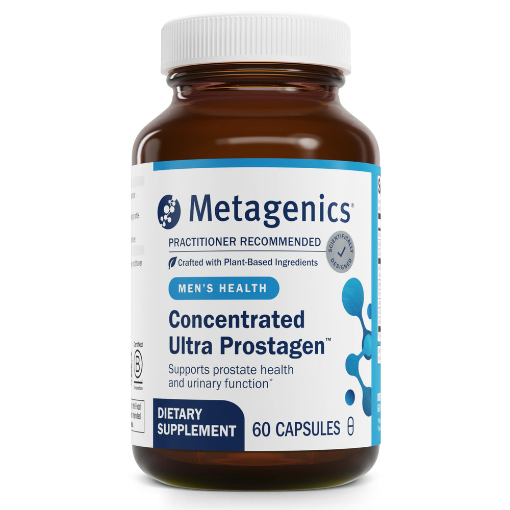 Metagenics Concentrated Ultra Prostagen bottle with capsules for routine prostate support and urinary comfort.