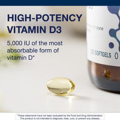 Non-GMO and gluten-free labeling on Metagenics D3 5000 IU packaging