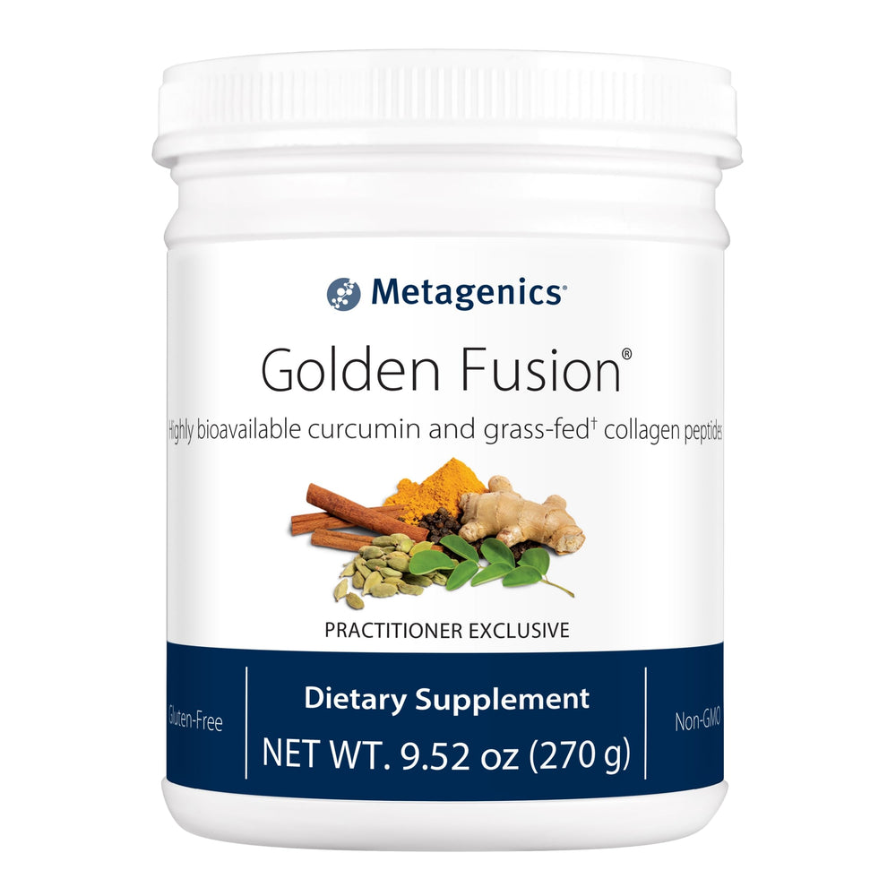 Metagenics Golden Fusion bottle with scoop on countertop