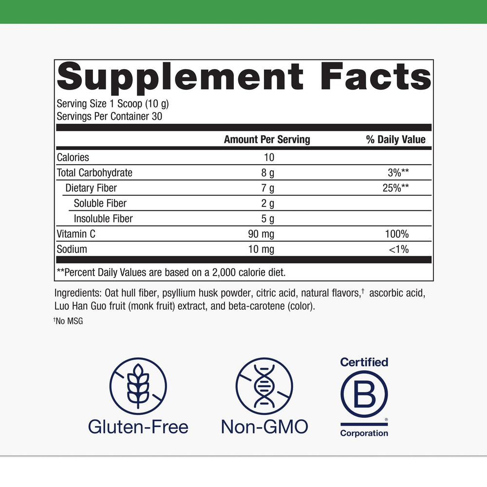 Metagenics Herbulk Fiber Powder shows psyllium husk, acacia, chicory sources for diverse fiber