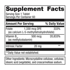 Close-up of product label showing B12 and Folate details