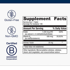 Metagenics Intrinsi label highlights methylcobalamin and L-5-MTHF for absorption.