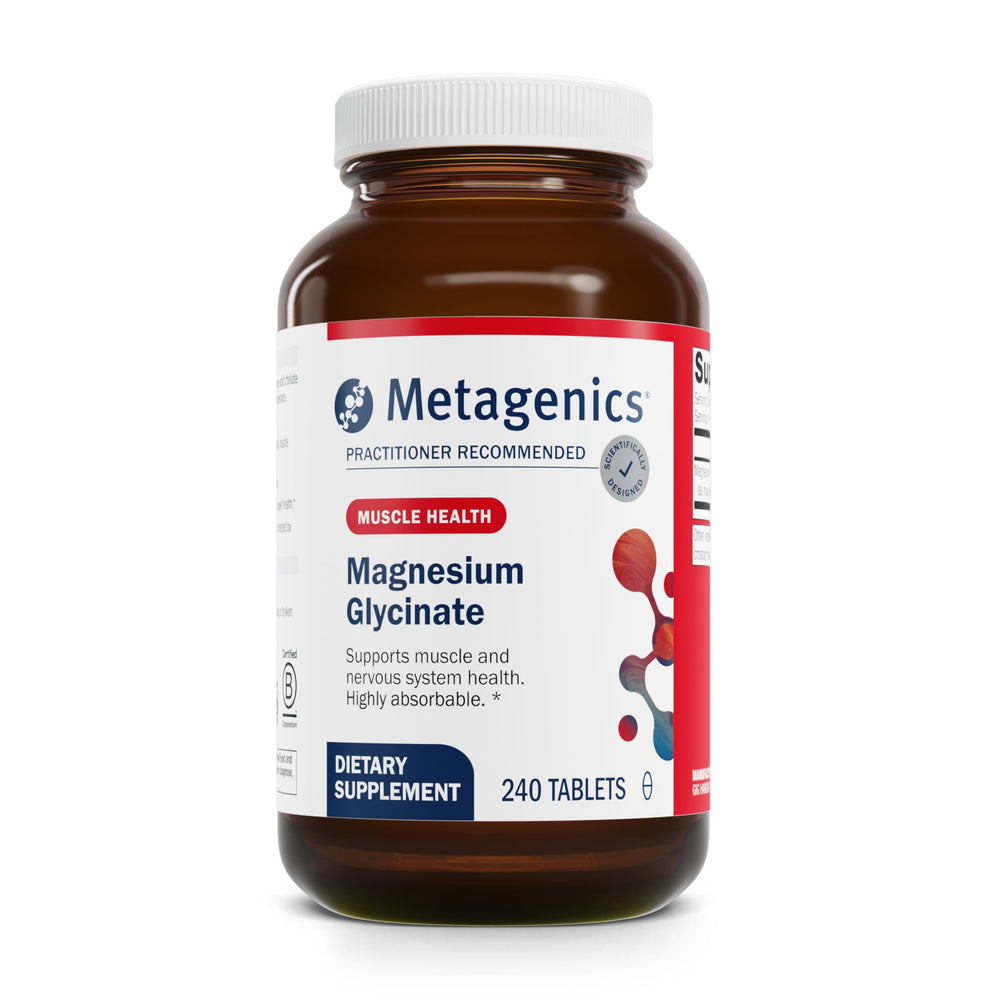 Metagenics Magnesium Glycinate bottle shown for daily relaxation and sleep support