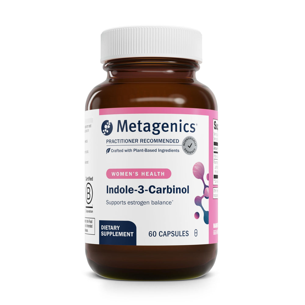 Metagenics Meta Indole-3-Carbinol bottle for daily hormone balance support.