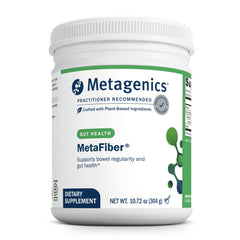 Metagenics MetaFiber canister label showing 6 g dietary fiber per serving