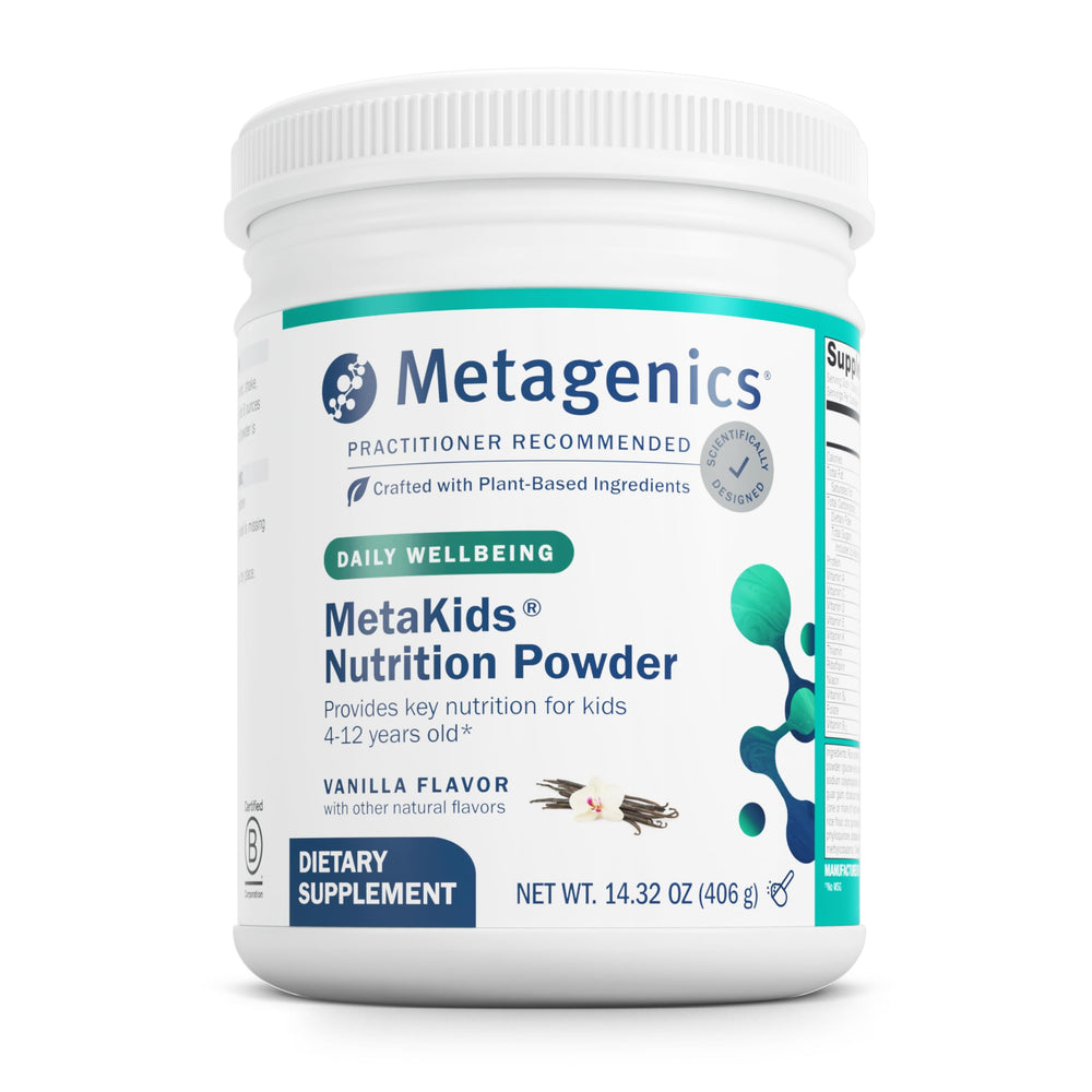 Front of Metagenics MetaKids Nutrition Powder vanilla 14.32 oz package