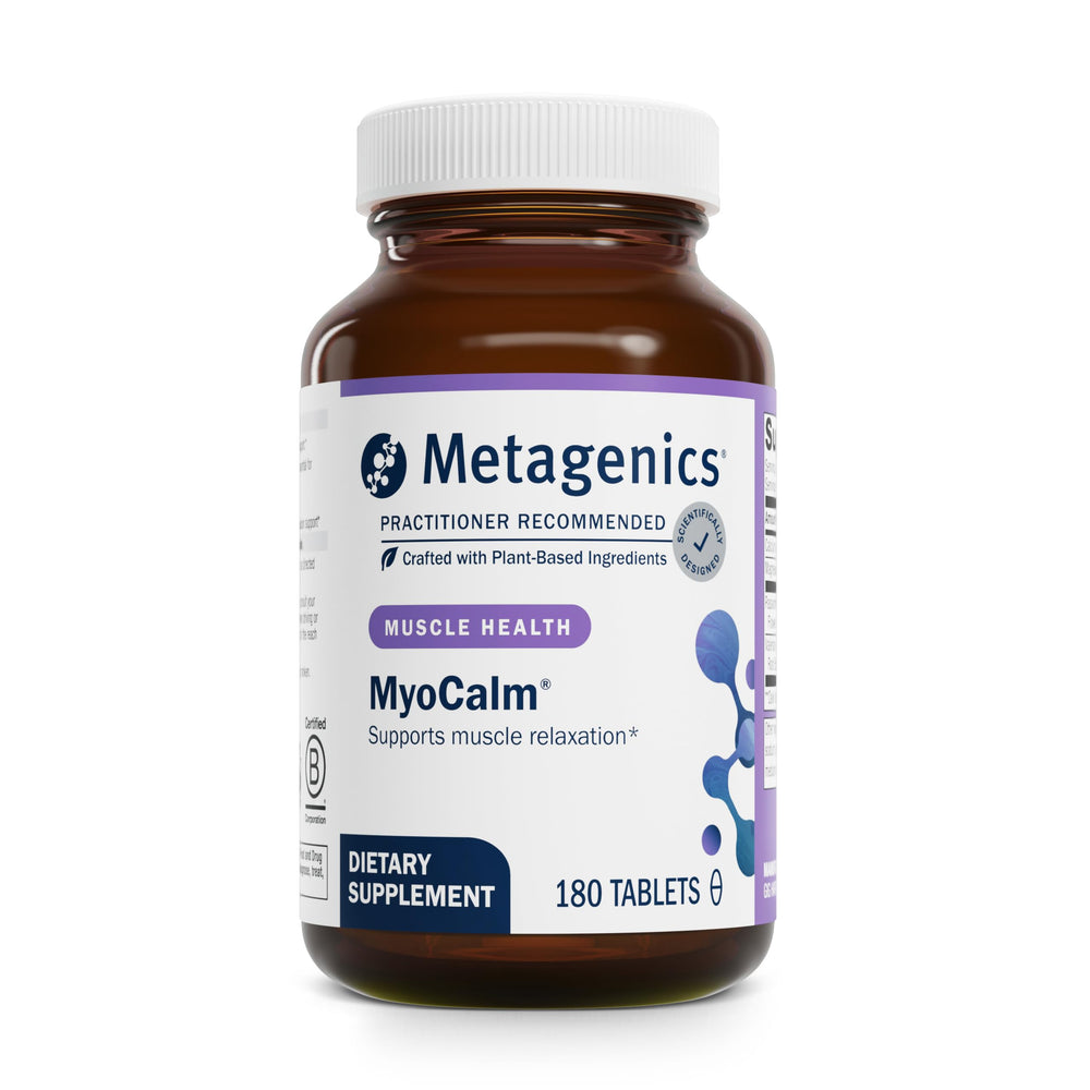 Metagenics MyoCalm bottle label showing calcium and magnesium for muscle relaxation