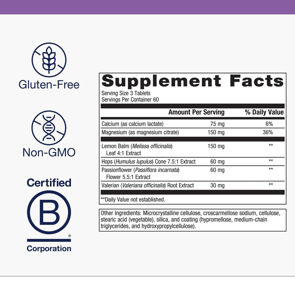 Metagenics MyoCalm Plus label close-up showcasing non-GMO and gluten-free ingredients.