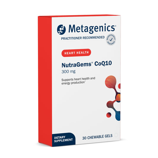 Bottle of Metagenics NutraGems CoQ10 300 mg chewable gels on white background