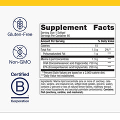 Metagenics OmegaGenics Fish Oil Neuro softgels close-up showing DHA and EPA
