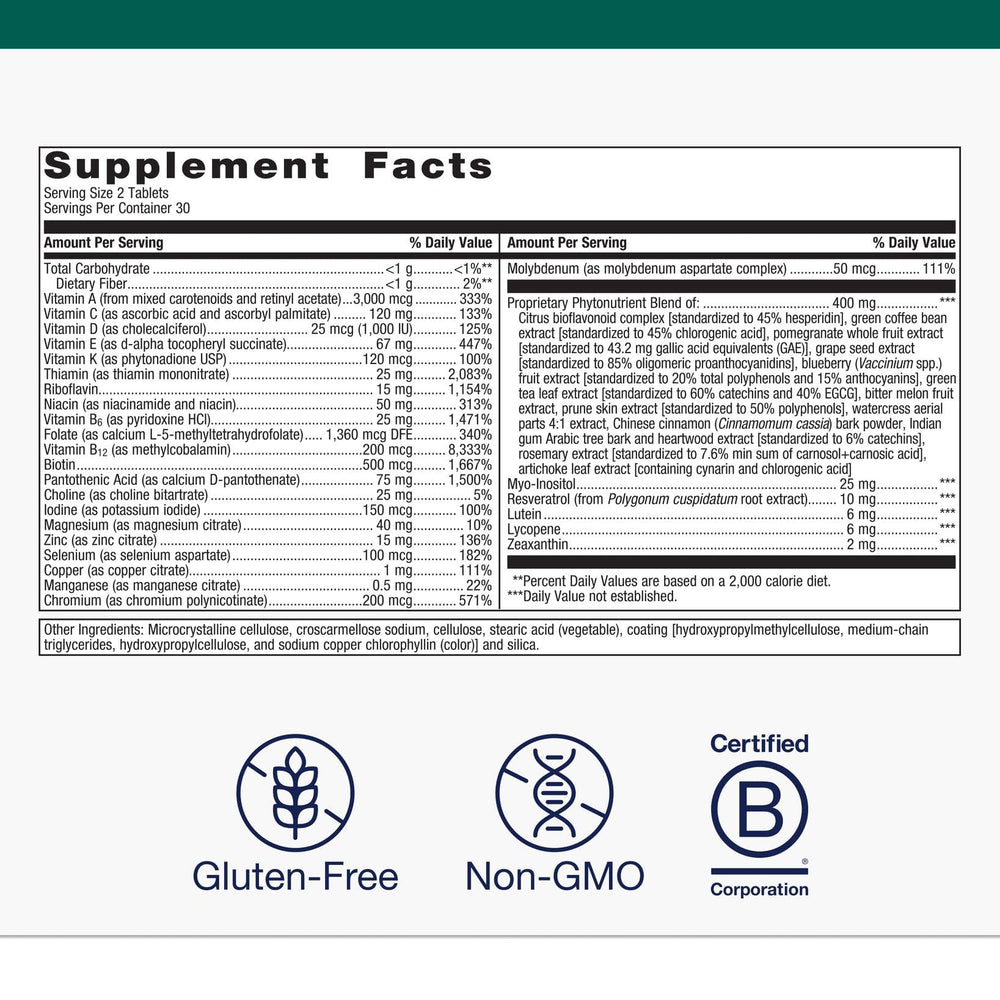 Metagenics PhytoMulti Without Iron bottle side view highlighting gluten-free formula