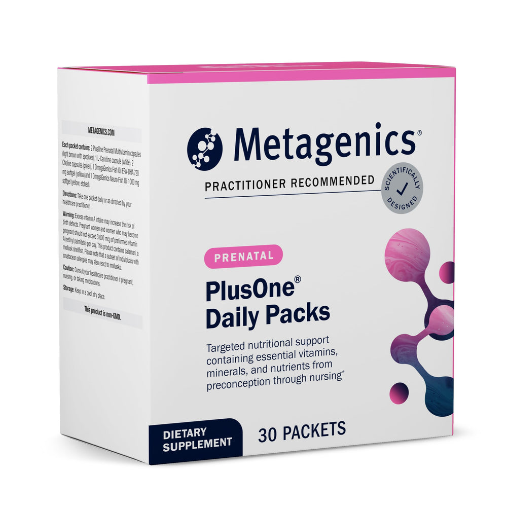 Metagenics PlusOne Daily Prenatal Packs hero image with outer packaging