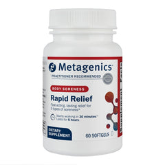 Metagenics Rapid Relief softgels bottle featuring turmeric-boswellia for joint comfort.