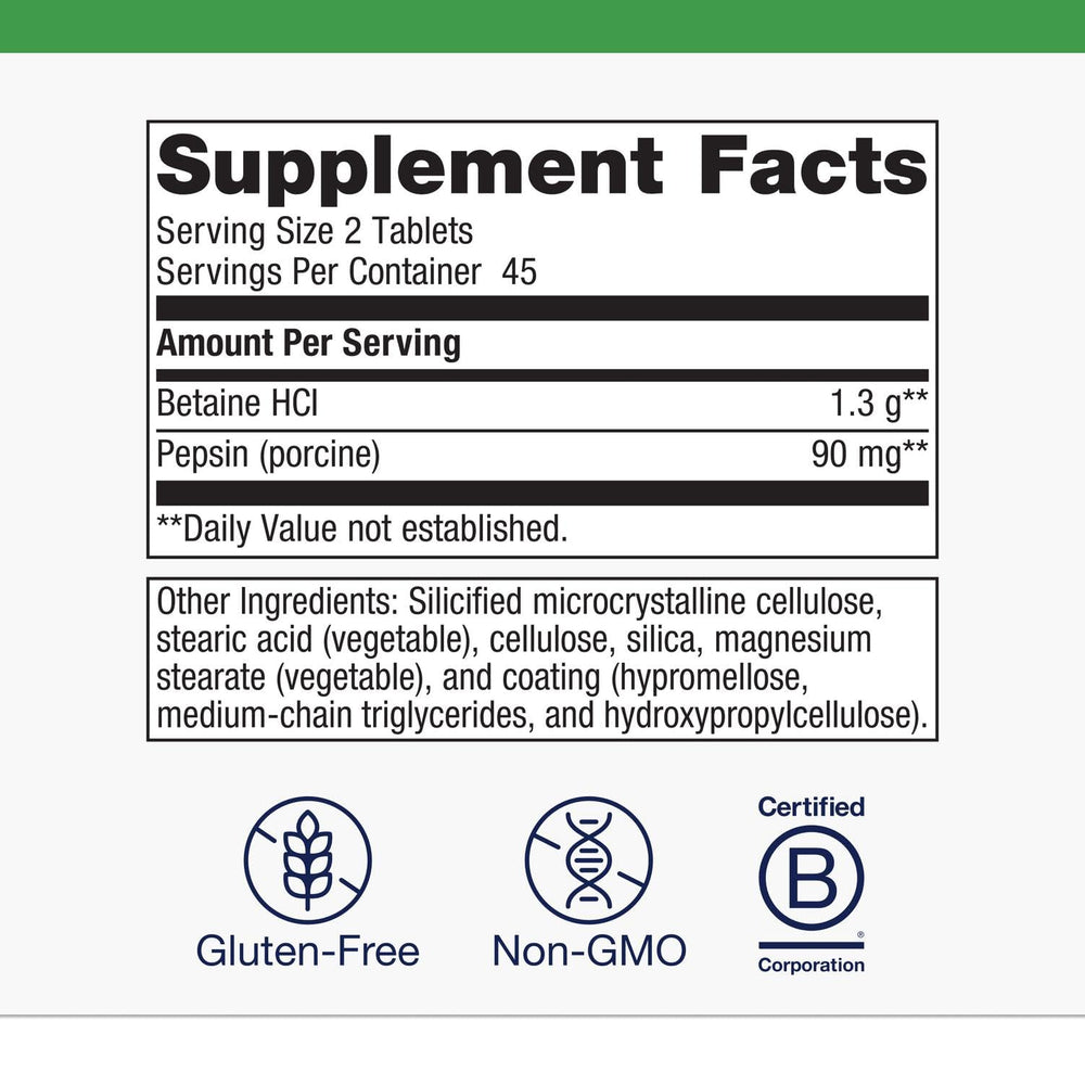 Close-up of label showing 650 mg Betaine HCl and 40 mg Pepsin per capsule