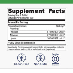 SpectraZyme Pancreatic Enzymes bottle highlights non-GMO, gluten-free formula for meals.