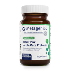 Metagenics UltraFlora Acute Care bottle cap showing freshness seal for probiotic quality.