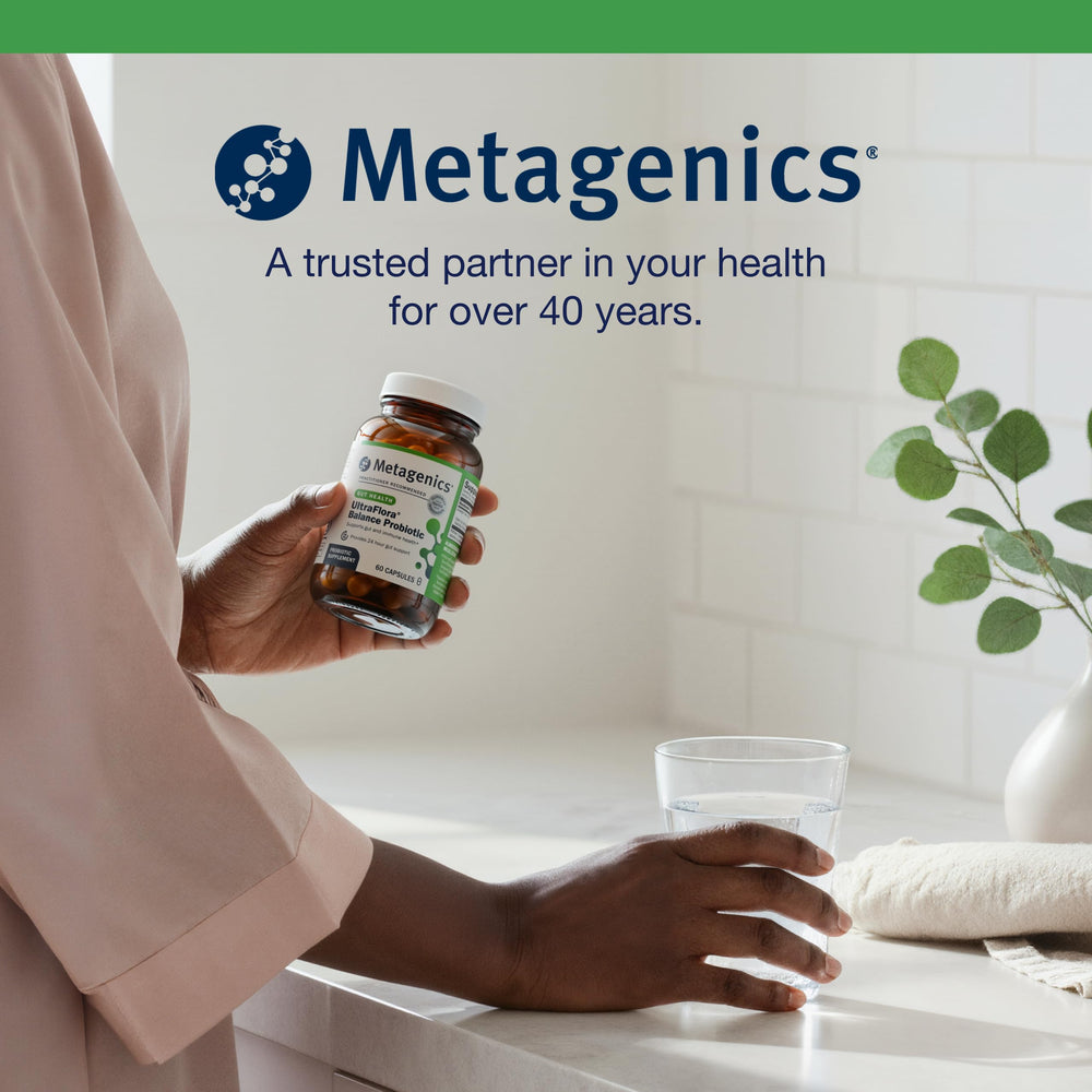 Metagenics UltraFlora Balance third-party testing seal communicates purity verification.