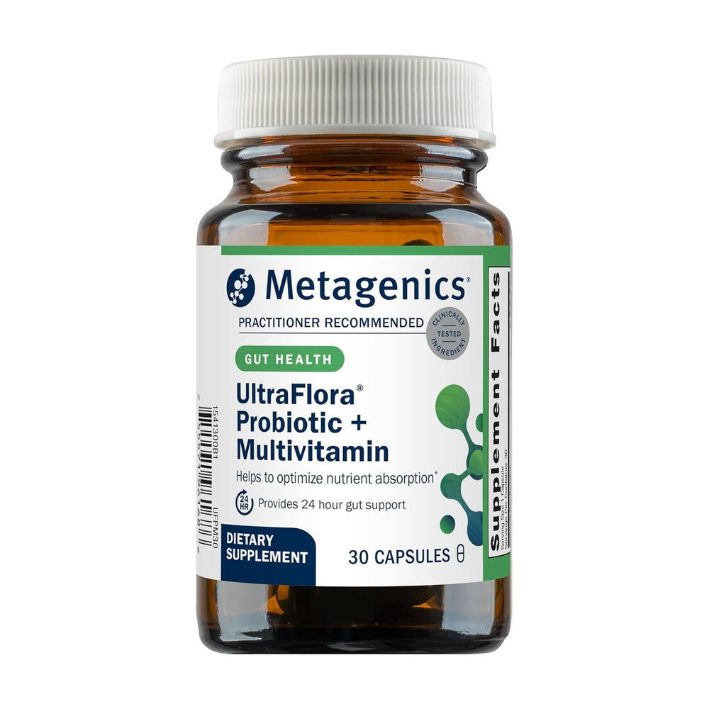 Front view of Metagenics UltraFlora Probiotic + Multivitamin bottle – 30 capsules