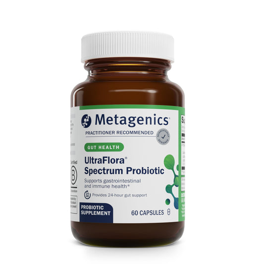 Front view of Metagenics UltraFlora Spectrum bottle and capsules