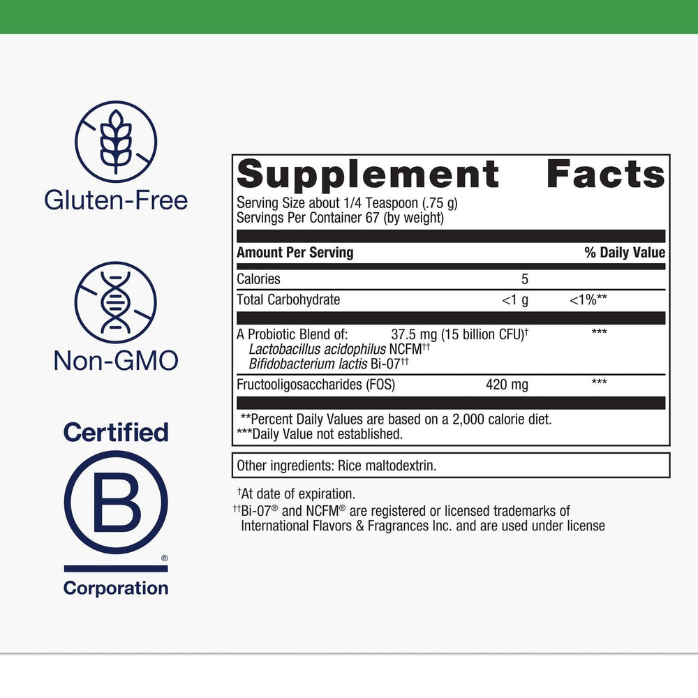 Label highlighting L. acidophilus NCFM and B. lactis Bi-07 strains